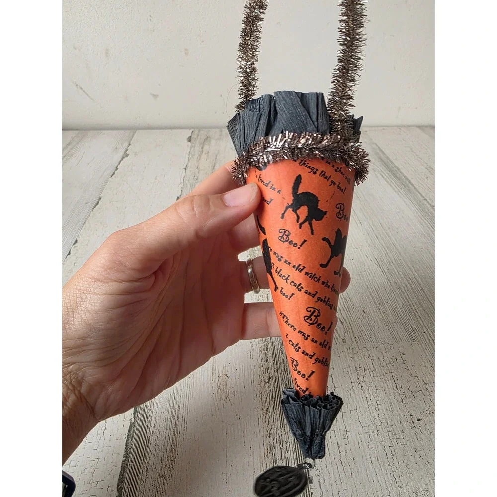 Vintage cannon falls? bethany? Halloween basket candy ornament tinsel paper